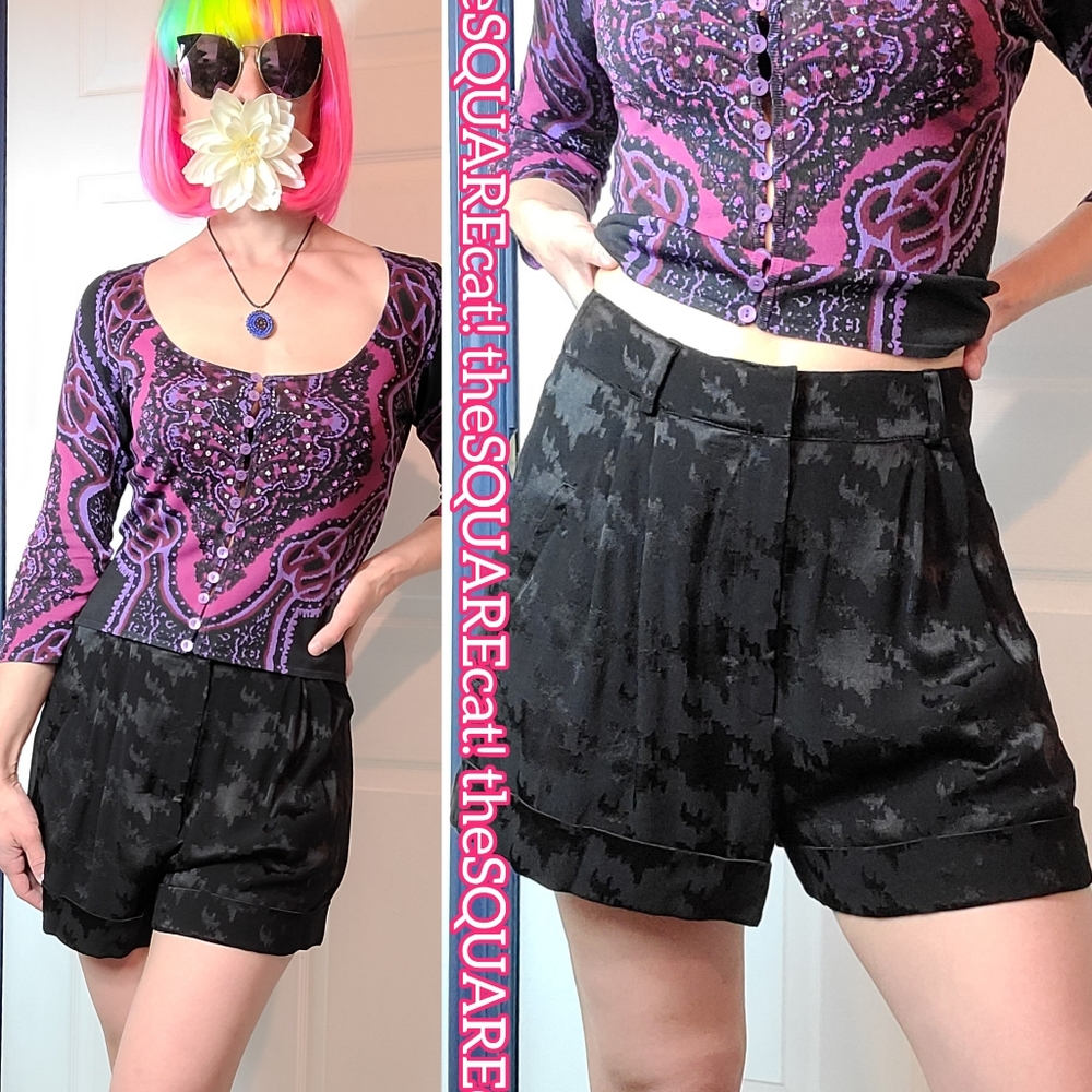 ba&sh🖤 high-waisted houndstooth Black shiny pleated sexy shorts with belt loops
